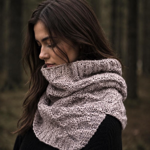 Split Hem Cowl Scarf Knitting Pattern, Infinity Scarf Knit Pattern, Diamond Cowl Circle Scarf, Textured Convertible Wrap Easy Knit Pattern
