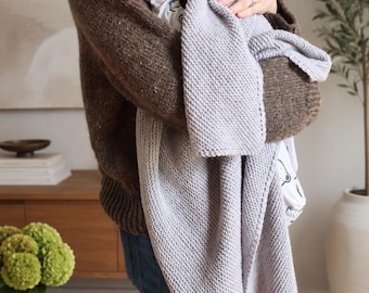May include: A light gray knitted baby blanket with a textured garter stitch pattern. The blanket is rectangular in shape and features a simple, uniform knit construction throughout, providing a soft and consistent appearance for infant use.
