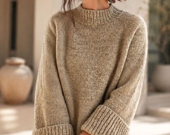 Beginner Raglan Sweater Knitting Pattern, Women's Oversized Mock Neck Turtleneck Jumper, Easy Top Down Seamless Pullover, Video Tutorials
