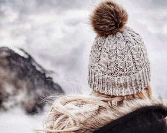 Cable Knit Beanie with Pom, Cable Hat Knitting Pattern, Women Winter Toque Fur Pom, Fall Fashion Knit Beanie, Easy Knit Hat Pattern, Videos