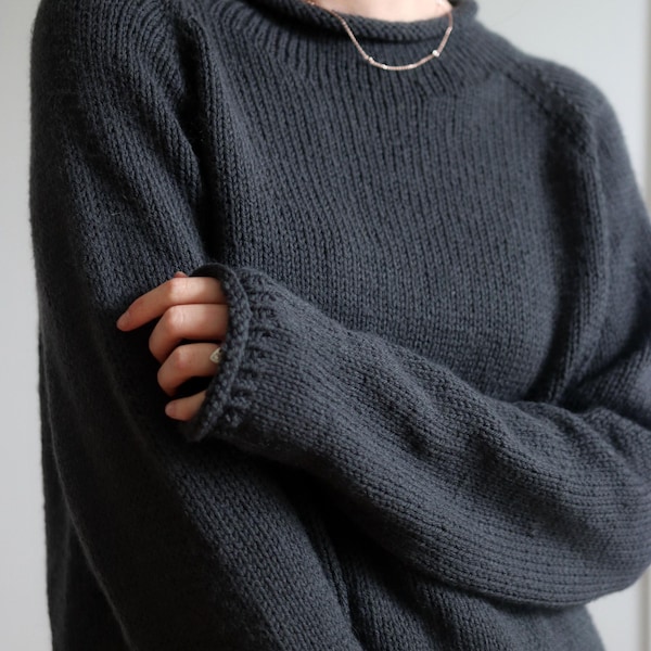 Roll Neck Raglan Sweater Knitting Pattern, Easy Knit Pullover Jumper with Rolled Edges, Funnel Neck Oversize Knit Sweater, Videos