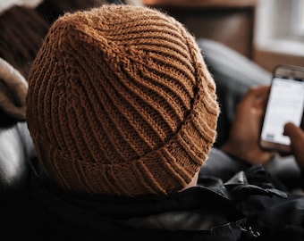 Rib Beanie Knitting Pattern, Easy Hat Knit Pattern, Fall Winter Beanie, Brim-Up Seamless Toque, Classic Rib Hat with Video Tutorials