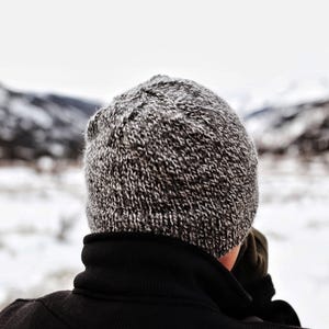 May include: A gray and white knit beanie is worn with a black jacket. The beanie is made of a textured yarn, and the jacket has a high collar. The background shows a snowy landscape with mountains.