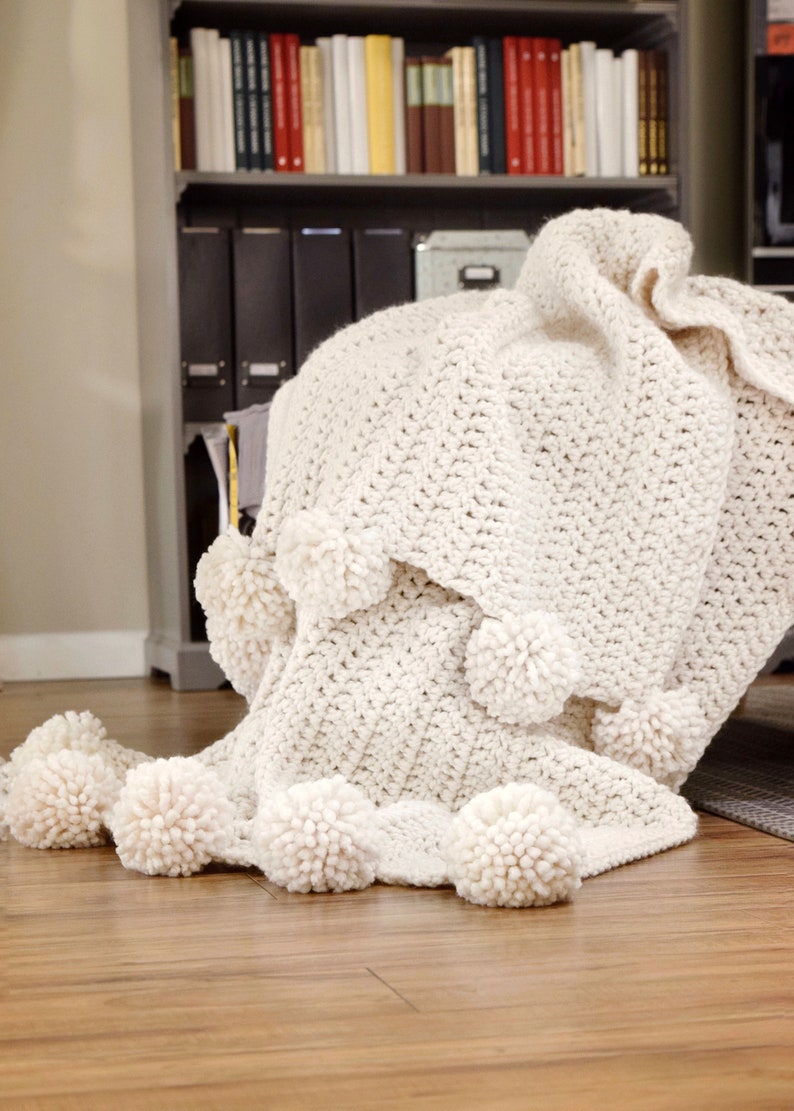 CROCHET PATTERN Chunky Blanket Crochet Pattern, Pom Pom Blanket Crochet Pattern Hygge Throw Blanket Crochet Pattern image 6