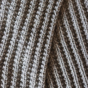 The cozy knitted texture of a knitted scarf, The Mountaineer Scarf, is shown. This men's ribbed knitted scarf was knit using gray yarn and is a great scarf for men.
[knitted scarf, men knit scarf, men scarf knitting pattern]