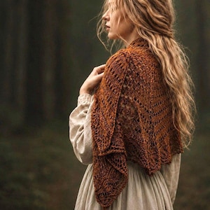 May include: A rust-coloured, triangular knit shawl featuring an intricate, openwork lace pattern with a scalloped edge, draped over a light beige, long-sleeved garment. The shawl displays a complex, textured stitch design throughout its surface.