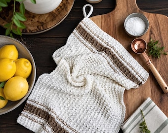 Farmhouse Striped Tea Towel Knitting Pattern, Retro Chic Knit Kitchen Towel, Modern Home Decor Kitchen Decor with Video Tutorials