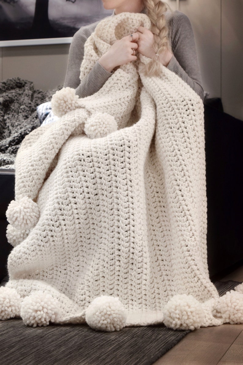 CROCHET PATTERN Chunky Blanket Crochet Pattern, Pom Pom Blanket Crochet Pattern Hygge Throw Blanket Crochet Pattern image 7