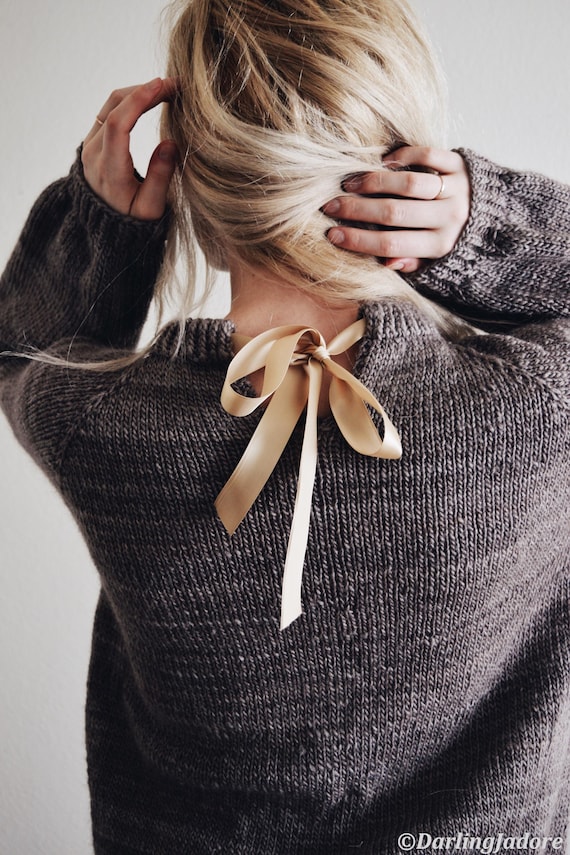 Easy Sweater Knitting Pattern, Ribbon Tie Raglan Pullover Women, Tie-Back, Top Down Seamless Crewneck Sweater Ribbon with Video Tutorials