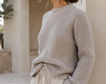 Women's Sweater Knitting Pattern, Textured Top-Down Raglan Knit Sweater Pattern, Easy Seamless Knit Crewneck Jumper Pattern, Video Tutorials