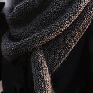 Beginner scarf knitting pattern, easy classic women's knit scarf in worsted weight yarn. Beginner shawl knitting pattern. Women knit scarf accessory pattern. Bandana scarf knitting pattern. simple beginner knit wrap PDF instant download Beginner scarf shawl knitting pattern by Darling Jadore. it's a boomerang asymmetrical shawl knitting pattern designed for beginners.