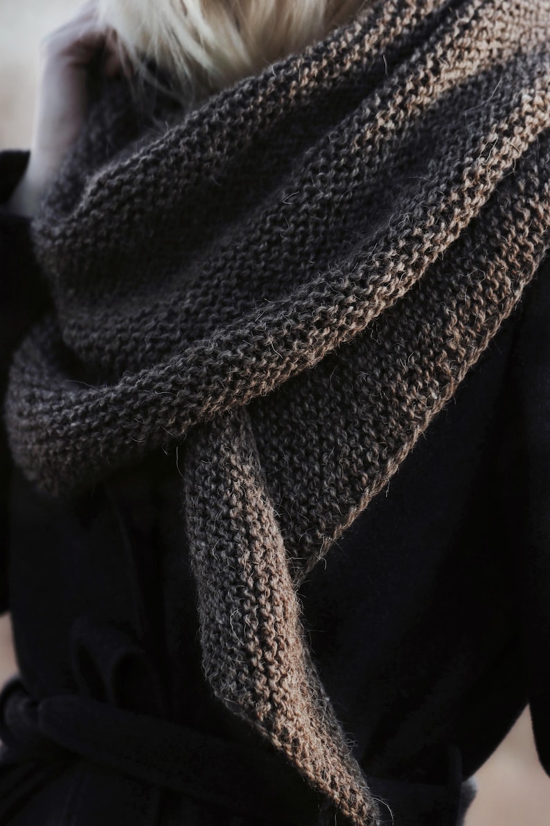 Beginner scarf knitting pattern, easy classic women's knit scarf in worsted weight yarn. Beginner shawl knitting pattern. Women knit scarf accessory pattern. Bandana scarf knitting pattern. simple beginner knit wrap PDF instant download Beginner scarf shawl knitting pattern by Darling Jadore. it's a boomerang asymmetrical shawl knitting pattern designed for beginners.