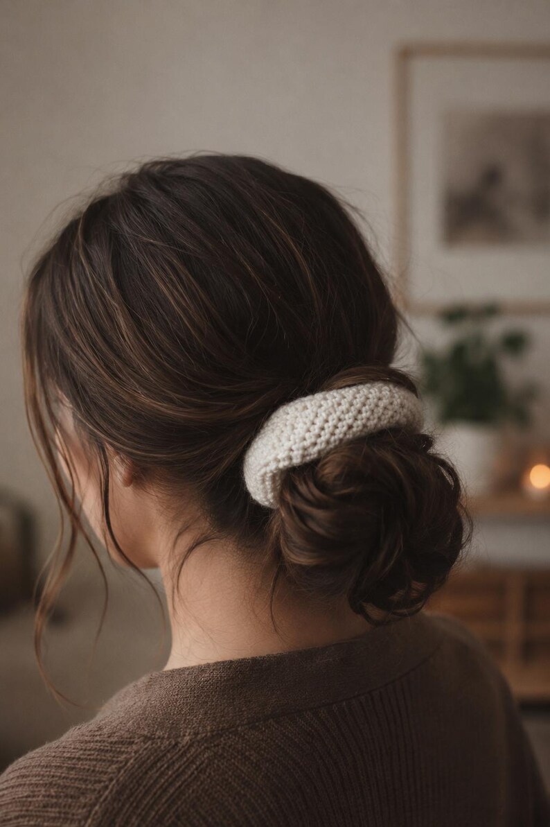 May include: A cream-colored, textured crochet hair scrunchie worn around a low bun. The accessory features a thick, woven yarn construction with a visible stitch pattern, providing a soft and rounded appearance against the dark brown hair.