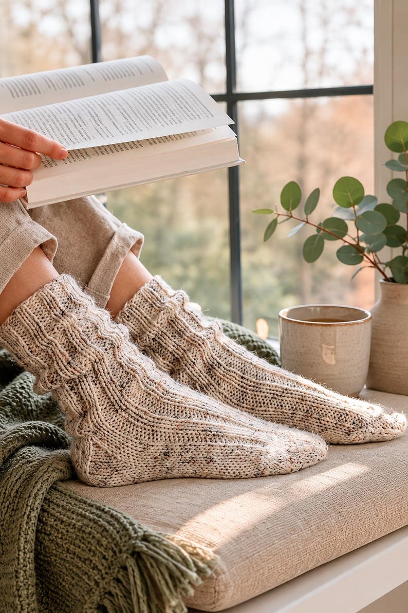 May include: A pair of cream-colored, speckled knit socks featuring a vertical ribbed texture. The socks are crafted from a textured yarn with small dark flecks throughout, extending from the ankle to the toe with a thick, cozy knit construction.