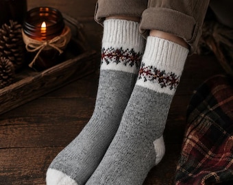 Fair Isle Socks Knitting Pattern, Winter Boot Socks Knit Pattern, Women Top-Down Winter Socks Knitting Pattern with Video Tutorials