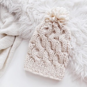 Cable Knit Beanie Knitting Pattern With Pom, Beginner Knit Winter Hat ...