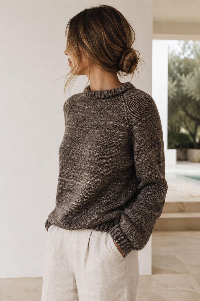 Beginner sweater knitting pattern, oversized top-down raglan pullover in worsted weight yarn, women's seamless crewneck knit jumper. ribbon tie knit sweater pattern. oversize raglan jumper pattern for women
