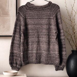 Beginner sweater knitting pattern, oversized top-down raglan pullover in worsted weight yarn, women's seamless crewneck knit jumper. ribbon tie knit sweater pattern. oversize raglan jumper pattern for women