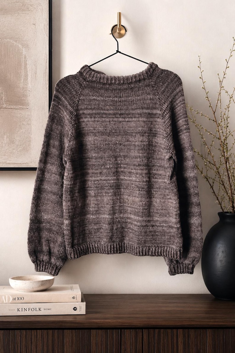Beginner sweater knitting pattern, oversized top-down raglan pullover in worsted weight yarn, women's seamless crewneck knit jumper. ribbon tie knit sweater pattern. oversize raglan jumper pattern for women