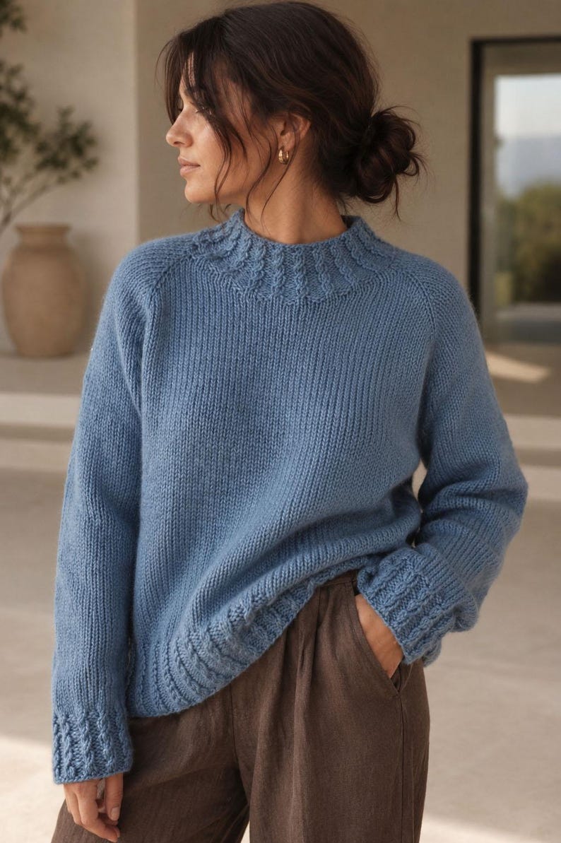 Cable knit sweater pattern, easy raglan sweater knitting pattern. women top down seamless raglan sweater with cables. oversize knit sweater pattern for women. beginner turtleneck pullover sweater knit pattern. high neck jumper knit pattern mock neck.  A light blue knitted sweater with a high neckline and textured details. The sleeves have a thumbhole design and the cuffs and hem feature a cable knit pattern. The sweater is made of a soft, possibly wool, material.