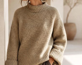 Beginner Raglan Sweater Knitting Pattern, Women's Oversized Mock Neck Turtleneck Jumper, Easy Top Down Seamless Pullover, Video Tutorials