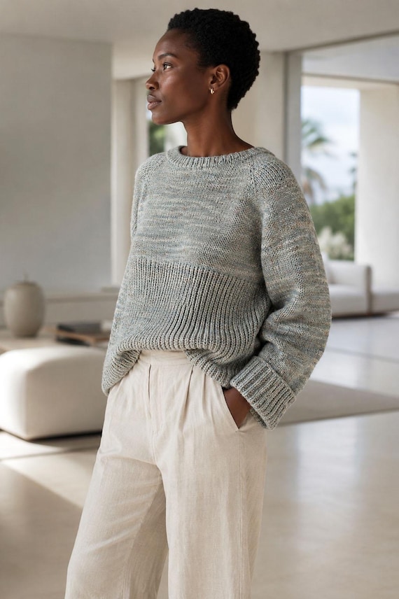 Oversize Crewneck Sweater Knitting Pattern, Knit Pullover Jumper Knit Pattern, Women's Top Down Seamless Casual Sweater Video Tutorials