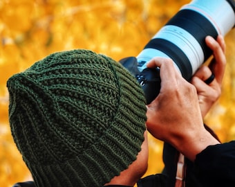 Patrón de tejido de gorro para hombre, gorro de invierno cálido con borde plegable, patrón de tejido de gorro de punto de canalé para hombre, gorro de lana peinada sin costuras, gorro de reloj con borde