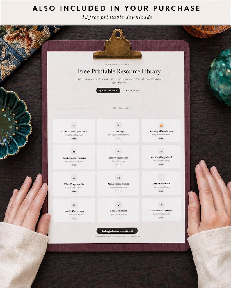 Może przedstawiać: Ciemnofioletowa podkładka z klipsem trzymająca biały dokument zatytułowany Free Printable Resource Library. Dokument zawiera siatkę dwunastu prostokątnych przycisk&oacute;w z ikonami i etykietami tekstowymi dla r&oacute;żnych przewodnik&oacute;w dziewiarskich i szydełkowych.