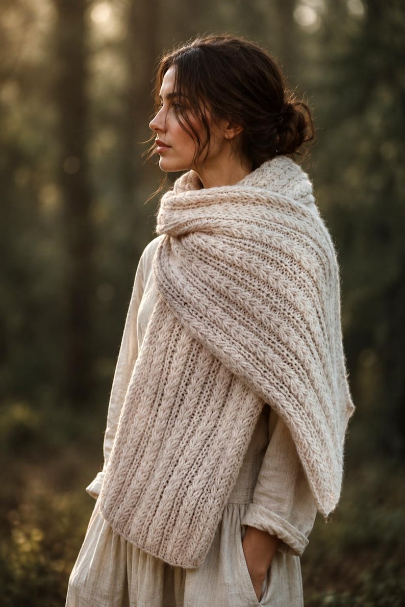 Knitting pattern scarf folded on neutral background, cozy chunky knit accessory display. easy scarf knitting pattern, chunky knit scarf pattern. Warm wrap scarf knitting pattern, oversized women's knit scarf in worsted weight yarn, easy beginner cozy knit wrap PDF instant download. women knit scarf pattern, easy knitting pattern. rectangle scarf knit pattern. chunky heart scarf knit pattern