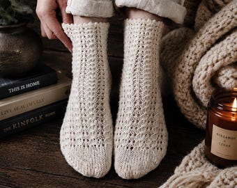 Vintage Lace Socks Knitting Pattern, Womens Knit Socks Pattern, Top-Down Crew Socks Knitting Pattern Easy with Video Tutorials