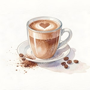 Könnte beinhalten: Aquarell-Illustration eines Latte Macchiato in einem transparenten Glasbecher mit herzförmigem Design im Milchschaum. Der Becher steht auf einer weißen Untertasse, daneben verstreute Kaffeebohnen und Kaffeesatz. Warme, einladende Ästhetik.
