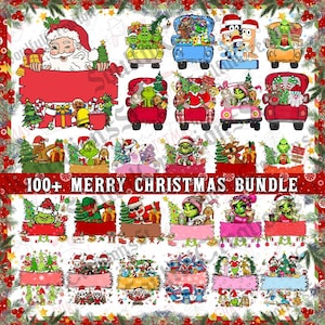 May include: A digital collection of Christmas-themed illustrations featuring Santa Claus, various cartoon characters, and festive vehicles. The bundle includes numerous designs with blank banners for personalization, all set against a decorative border.