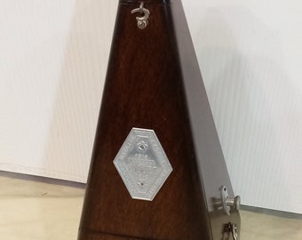 Restored Antique French made Wood Bell Metronome de Maelzel by Paquet Walnut, Fully Serviced, Calibrated, Runs Great. Had Solid Metal Trim.