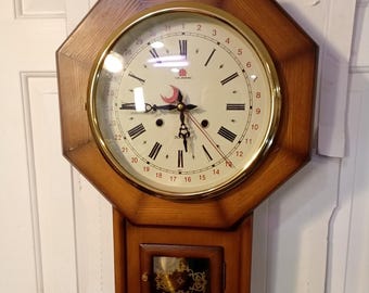 Restored Vintage Sejung Calendar Time and Strike Wall Clock, 30 Day Keywind Brass Mvmt, Runs Great, Professionally Serviced, Wood Case Korea