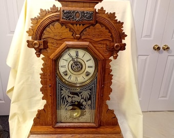 Restored Antique E. Ingraham Kitchen Clock 8 Day, Time Strike, Key wind Parlor Gingerbread, Oak, Fully Serviced Movement, Runs Great, W/ Key