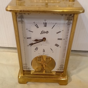 Professionally Serviced Schatz Buluva Watch Co. German Brass 8 day Carriage Mantel Clock, Beautiful, Runs Well, All Original w/ Key