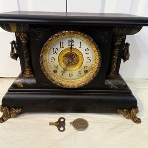 Restored Antique Ingraham Luzon Black Mantel Clock, Cathedral Gong and Bell w/ 8 day Time and Strike Movement, Key, Pendulum, Fully Serviced