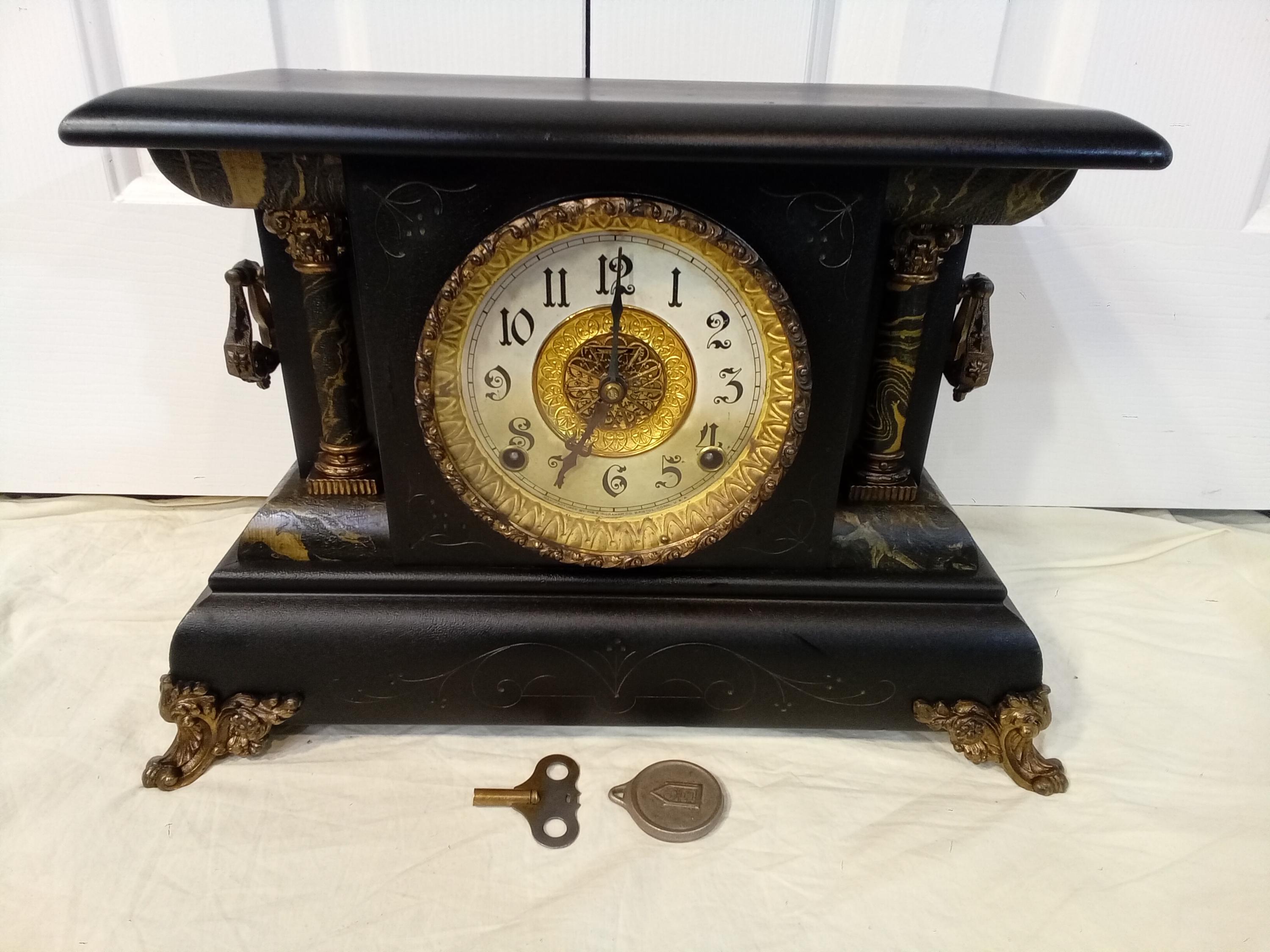 Restored Antique Ingraham Luzon Black Mantel Clock, Cathedral Gong