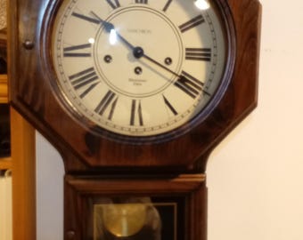 Verichron Westminster Chime Walnut Wall Clock, Professionally Restored w/ Original German 8 day Movement, Fully Serviced w/ 859 oil, w/ Key