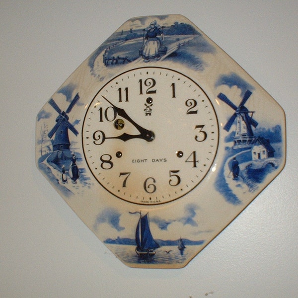 Ceramic 8-day Wall Clock USA Delft Blue Ship Windmill Balance Movement With Key, Professionally Restored, Movement Serviced, Runs Great