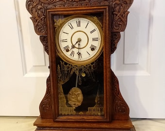 Restored Antique Gilbert Parlor Kitchen Clock 8 Day, Time and Strike, Key wind Gingerbread, Pressed Oak, Fully Serviced Movement, Runs Great