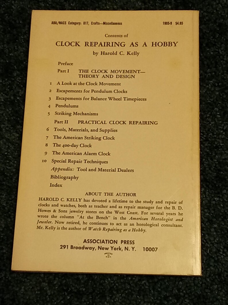 Clock Repairing as a Hobby, Paperback Book, Harold C. Kelly, 128 Pgs
