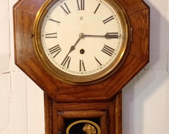 Antique Waterbury 8 Inch Oak R.C. Schoolhouse Wall Regulator Timepiece Clock, Keywind, Brass Movement, Professionally Restored, Runs Well