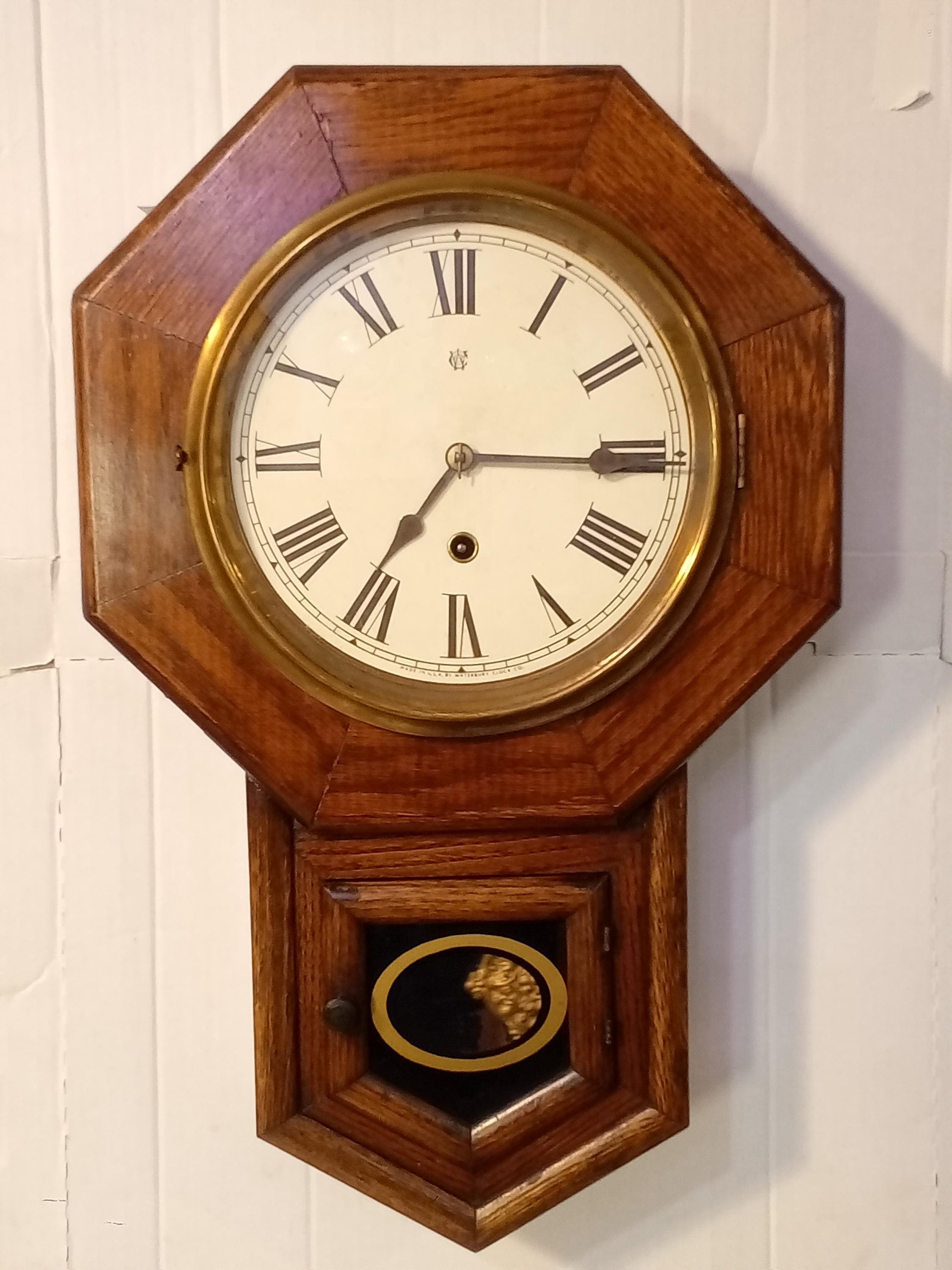 Antique Waterbury 8 Inch Oak R.C. Schoolhouse Wall Regulator 