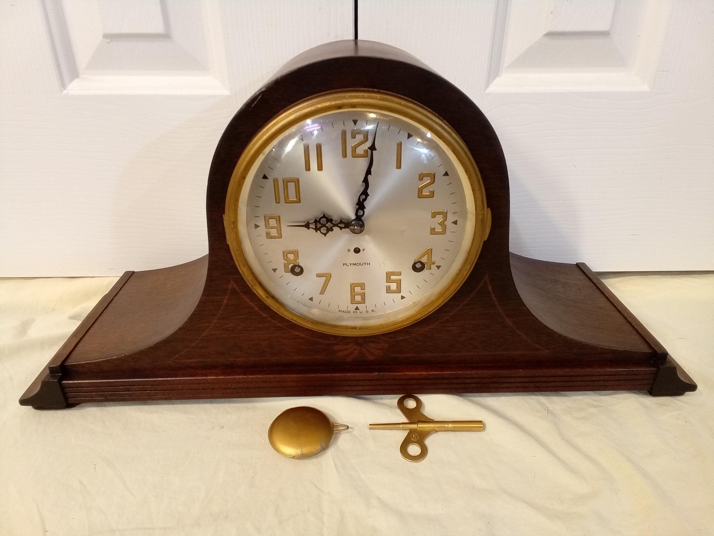 Restored Antique Seth Thomas Plymouth Mantel tambour wood Clock, 8-Day Time and quarter-hour Strike, Movement Fully Serviced,  runs great