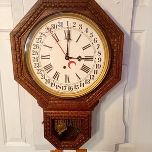 Professionally Restored Antique Ingraham Calendar Schoolhouse Drop Octagon Wall Regulator Clock, Keywind, Brass Movement Overhauled, Runs