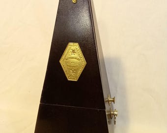 Fully Restored Antique Wood Bell Metronome de Maelzel by Seth Thomas Clocks Dark Walnut, Lacquered Brass Trim, Beats Evenly, has Geneva Stop