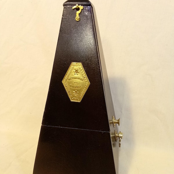 Fully Restored Antique Wood Bell Metronome de Maelzel by Seth Thomas Clocks Dark Walnut, Lacquered Brass Trim, Beats Evenly, has Geneva Stop