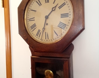 Antique Arthur Pequegnat Clock Co Canada Brandon Wall Regulator Clock, Keywind, Brass Movement Overhauled, Professionally Restored, Running