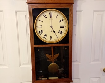 Antique Sessions Shop Country Store Box Wall Regulator No. 2 Clock, Keywind, Brass Movement, Professionally Restored, Runs Well, with key
